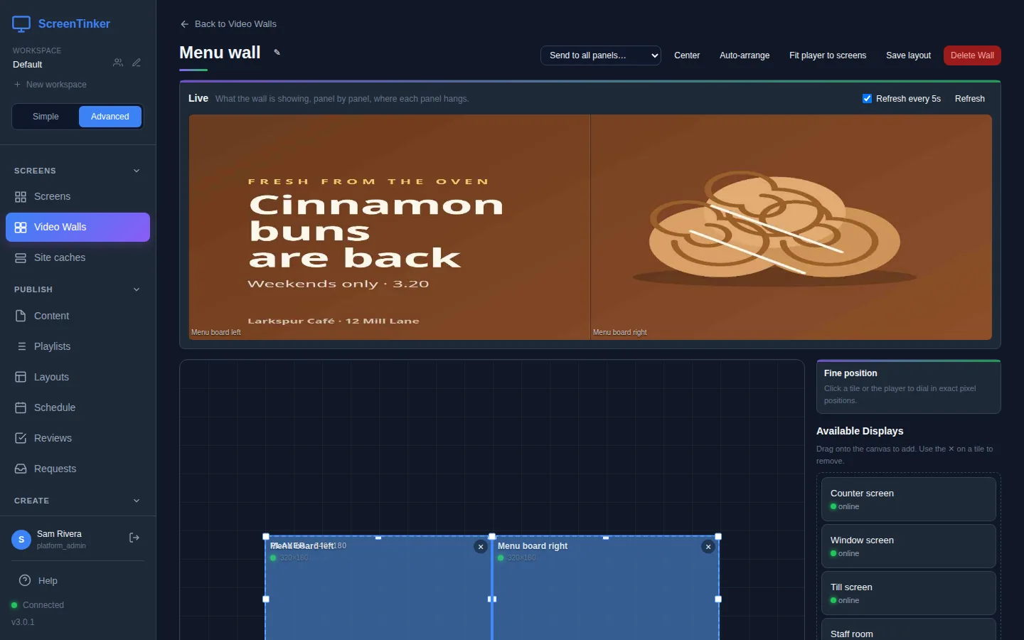 The editor of the video wall Menu wall. At the top: Send to all panels, Center, Auto-arrange, Fit player to screens, Save layout and Delete Wall. The Live card below shows a cinnamon buns slide spread across two panels, Menu board left showing the headline and Menu board right showing the picture of the buns.