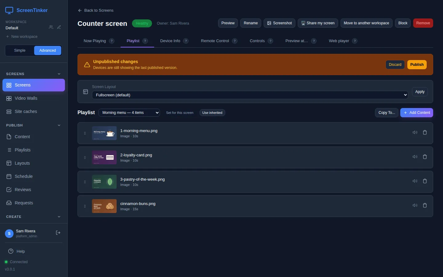 The Playlist tab of the screen Counter screen. An Unpublished changes banner with Discard and Publish buttons, then Screen Layout set to Fullscreen (default), then Playlist set to Morning menu — 4 items, with the note Set for this screen, a Use inherited button, Copy To... and + Add Content. Below are the four items with their durations.