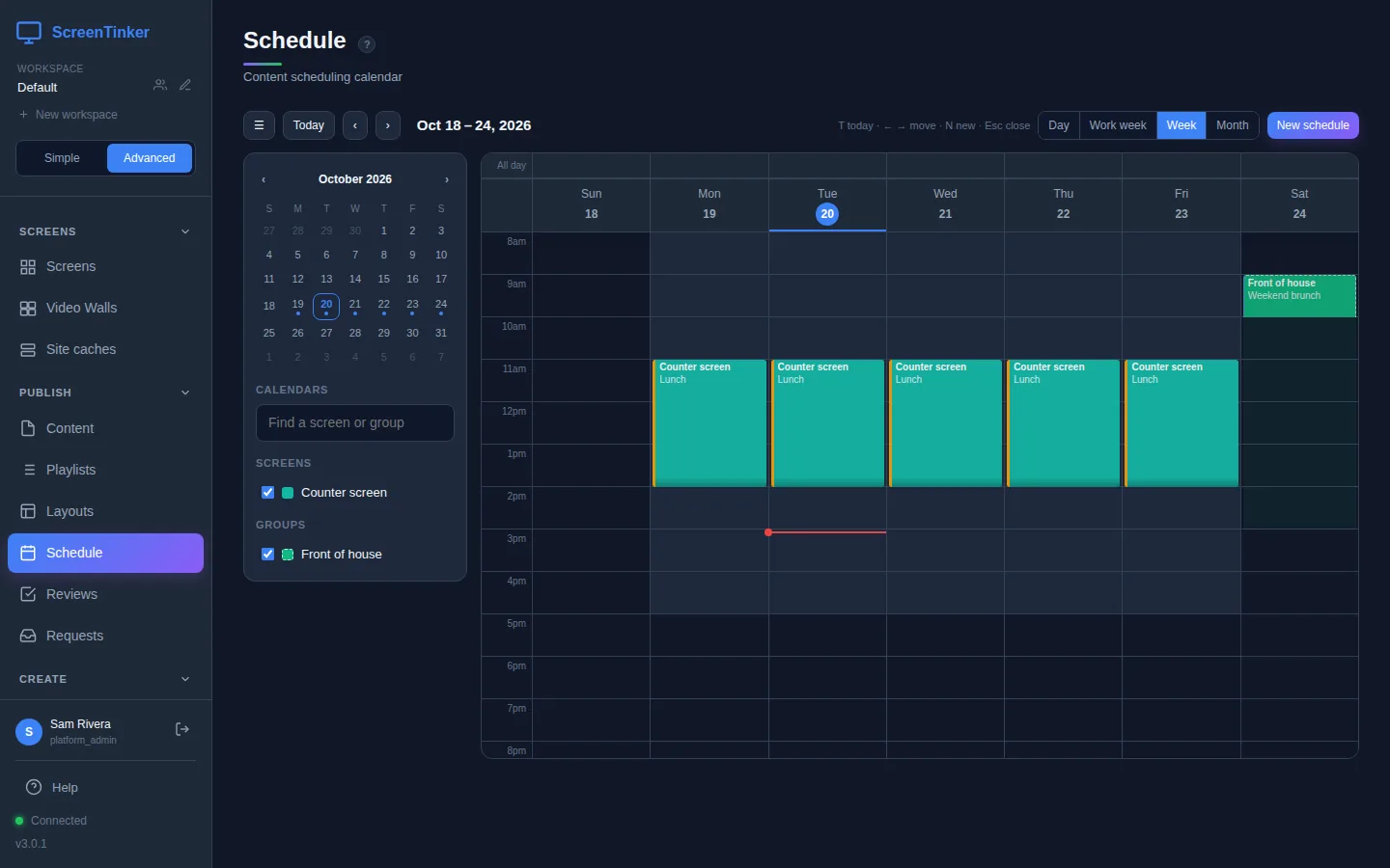 The ScreenTinker Schedule calendar in Week view. A schedule called Lunch for the screen Counter screen runs from 11 am to 2 pm Monday to Friday, and a Weekend brunch schedule for the group Front of house starts at 9 am on Saturday. The Calendars list on the left shows Counter screen under Screens and Front of house under Groups.