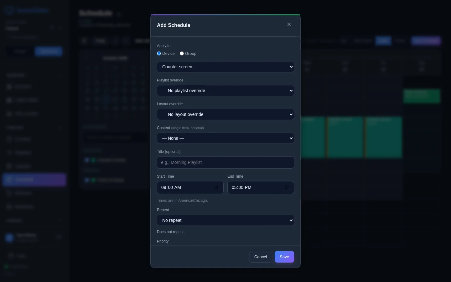 The Add Schedule form: Apply to with Device selected and Counter screen chosen, Playlist override, Layout override, Content (single item, optional), Title (optional), Start Time 9:00 AM, End Time 5:00 PM, a note that times are in America/Chicago, and Repeat set to No repeat, with Cancel and Save buttons.
